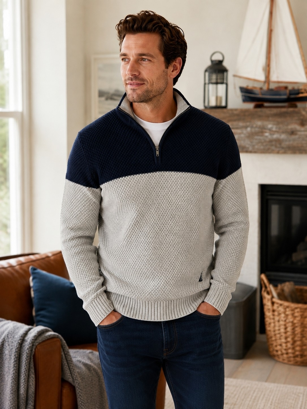 Nautica Men’s M Cotton Quarter Zip Colorblock Textured Sweater